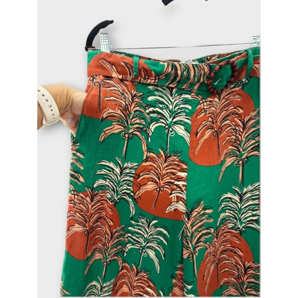 Nicole Miller Linen Pants Tropical Print Wide Leg Belted Large Resort Vacation - Picture 6 of 13